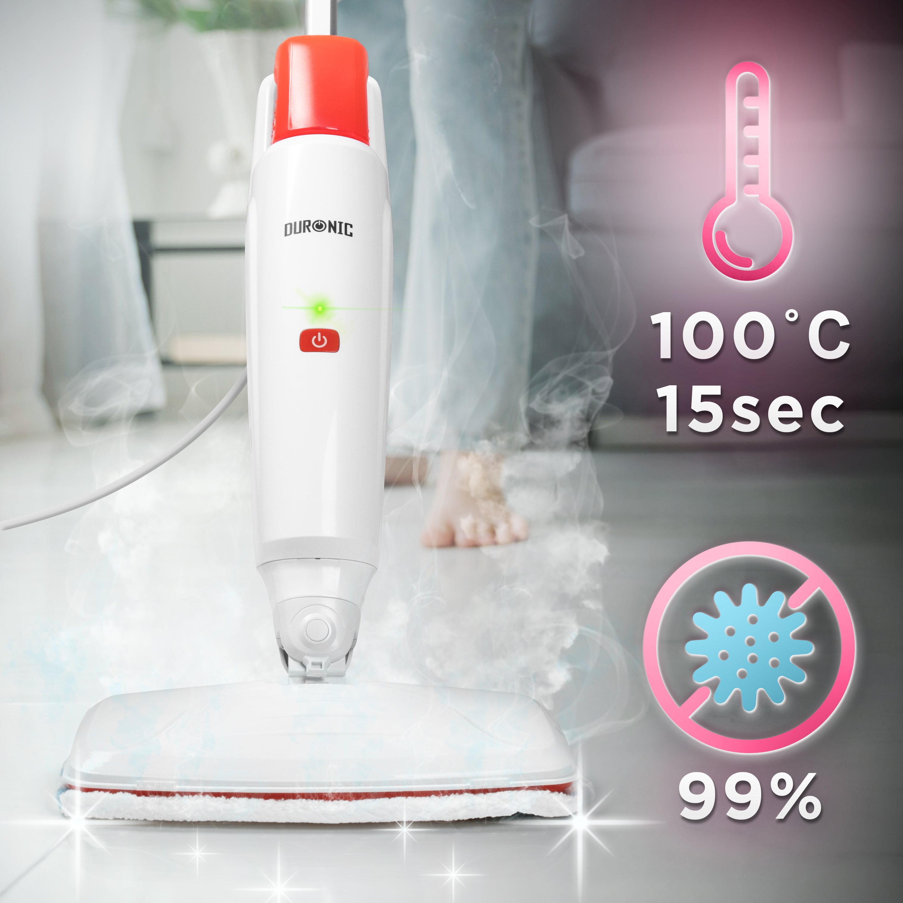 Duronic STM15 WE Steam Mops cleaning a tiled floor, highlighting a 100°C temperature reached in 15 seconds and a 99% bacteria elimination rate.
