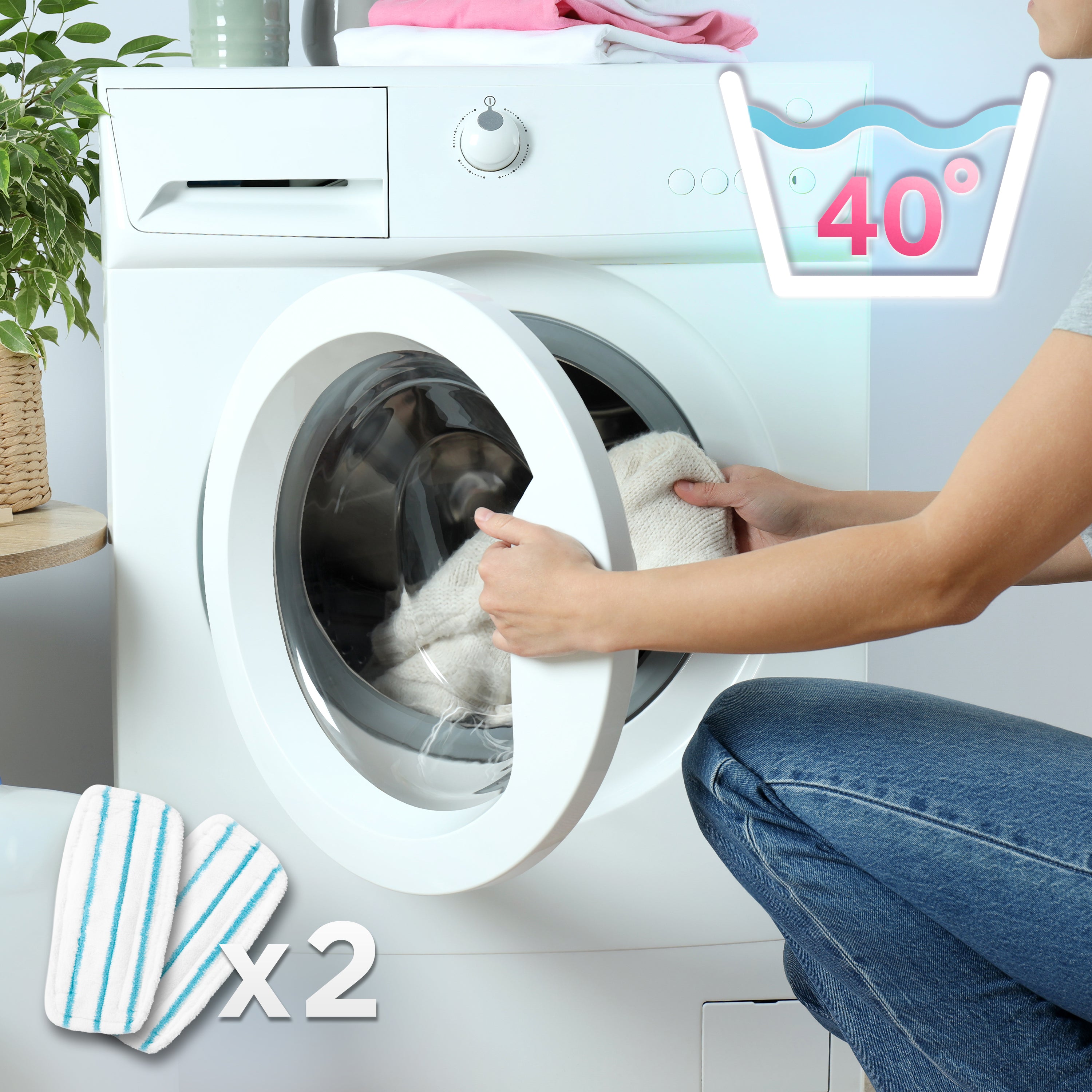 Duronic STM15 WE Steam Mops loading a white front-load washing machine with a reusable mop pad, featuring a 40°C wash temperature icon.
