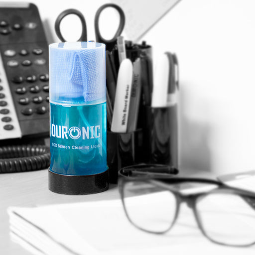 Duronic Screen Cleaner microfiber cloth stored in the lid, displayed on a desk with office supplies.