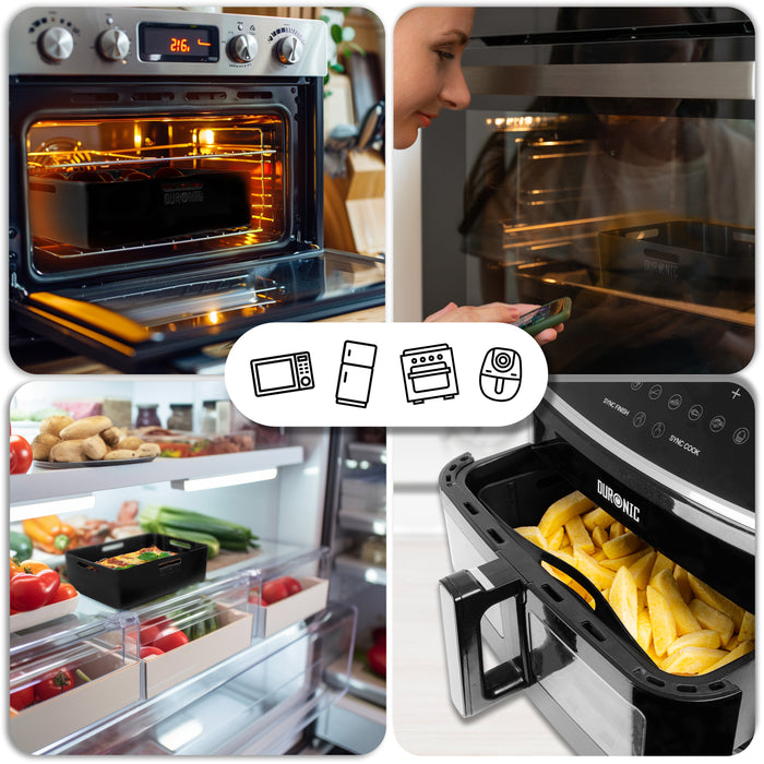 Duronic Silicone Air Fryer Liners featuring a black Duronic silicone air fryer liner being used for cooking in an oven and air fryer, and for food storage in a refrigerator.