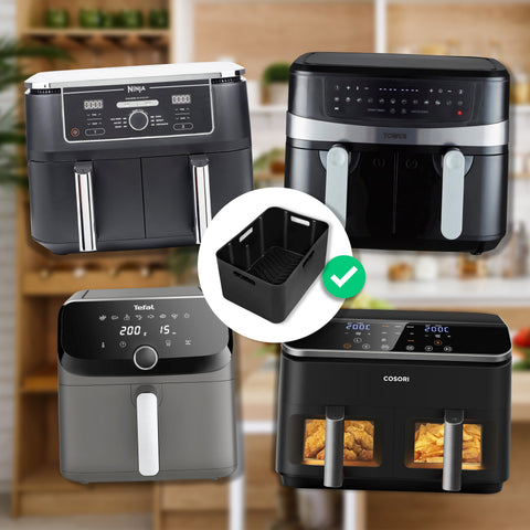 Duronic Silicone Air Fryer Liners with different sizes of air fryer.