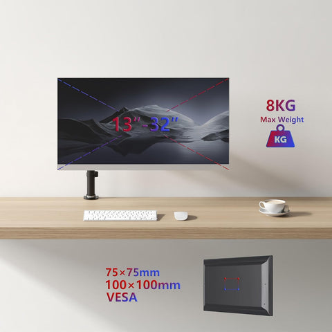 Duronic Single Monitor Arm Stand showing 13"-32" size, 8kg maximum weight, and VESA compatibility.