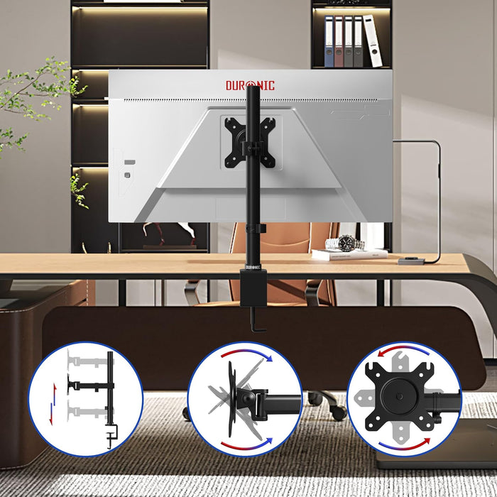 Duronic Single Monitor Arm Stand showing height adjustment, tilt, and 360-degree rotation.