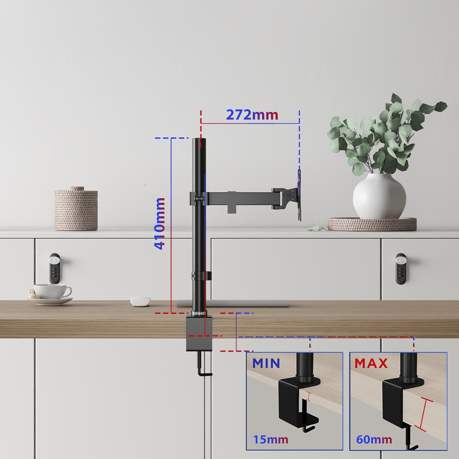Duronic Single Monitor Arm Stand  with dimensions showing height, arm extension, and clamp range.