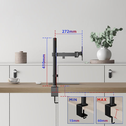 Duronic Single Monitor Arm Stand  with dimensions showing height, arm extension, and clamp range.