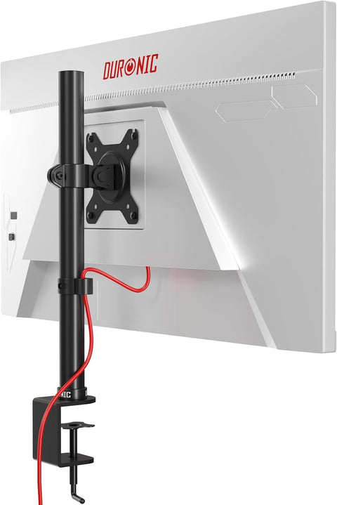 Duronic Single Monitor Arm clamped to a white monitor with a red cable.