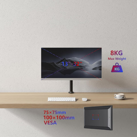 Duronic Single Monitor Arm showing compatibility with 13-32 inch screens, 8kg max weight, and VESA patterns.