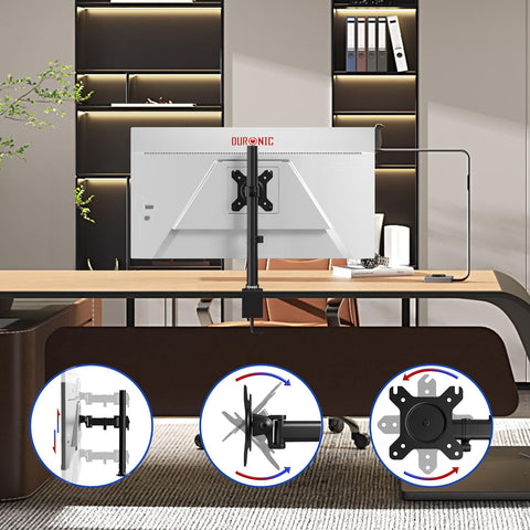 Duronic Single Monitor Arm supporting a white screen, highlighting height adjustment, tilt, and 360-degree rotation.