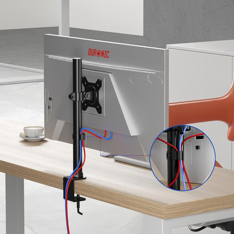 Duronic Single Monitor Arm with cable management clip holding red and blue cords.