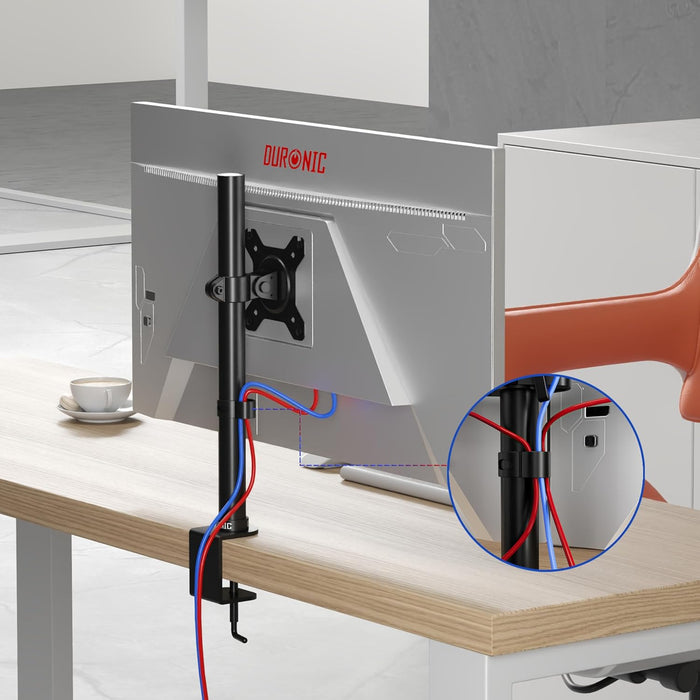 Duronic Single Monitor Arm with cable management clip holding red and blue cords.