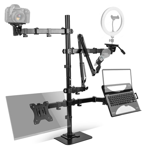 Duronic Social Media Stand holding a camera, ring light, microphone, laptop, and monitor display.