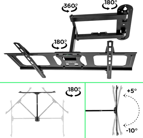 Duronic TV Bracket showing adjustable articulating arm angles, 360-degree rotation, and tilt capabilities.