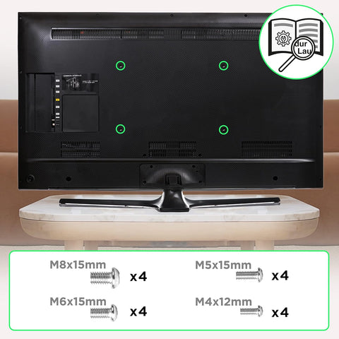 Duronic TV Bracket with four compatible screw sizes below.