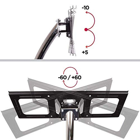 Duronic TV Stand An adjustable monitor mount demonstrating a vertical tilt range of -10 to +5 degrees and a horizontal swivel range of -60 to +60 degrees.