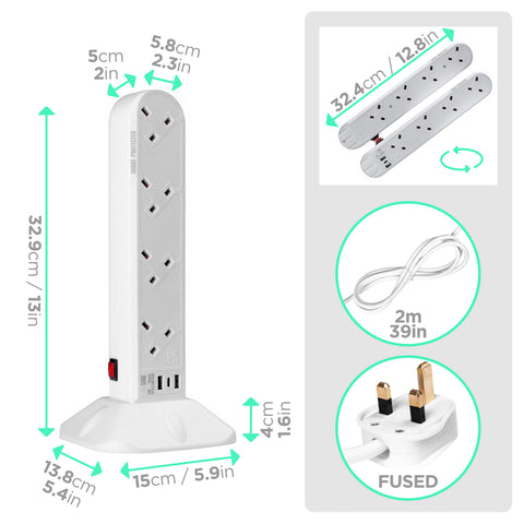 Duronic Tower Extension Lead showing detailed metric and imperial dimensions, power cord, and fused plug.