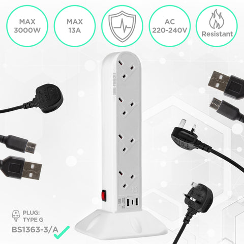 Duronic Tower Extension Lead with 4 sockets, surge protection, and USB ports.
