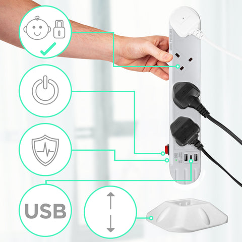 Duronic Tower Extension Lead with child safety locks, USB ports, and a detachable vertical stand.