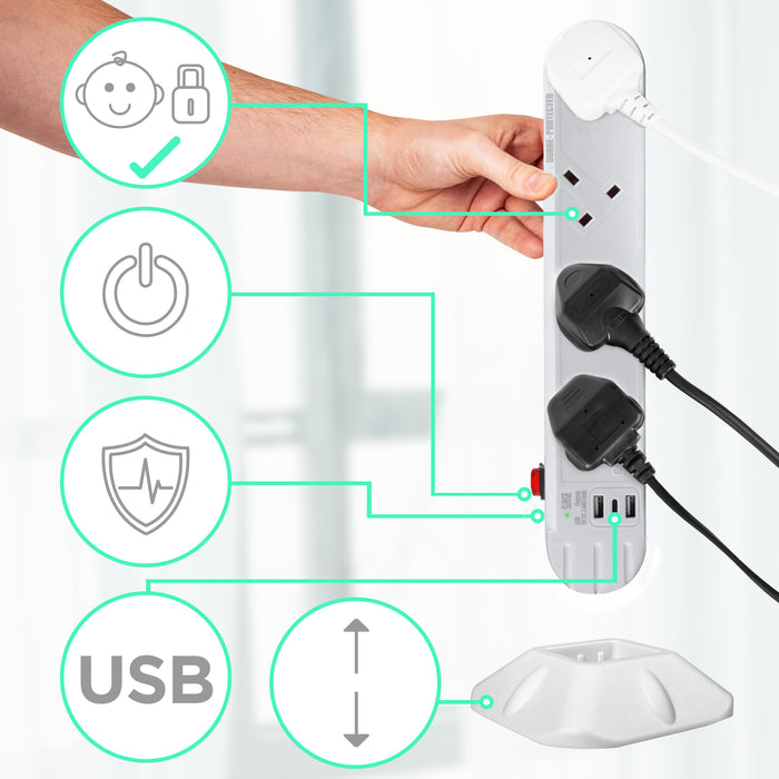 Duronic Tower Extension Lead with child safety locks, USB ports, and a detachable vertical stand.