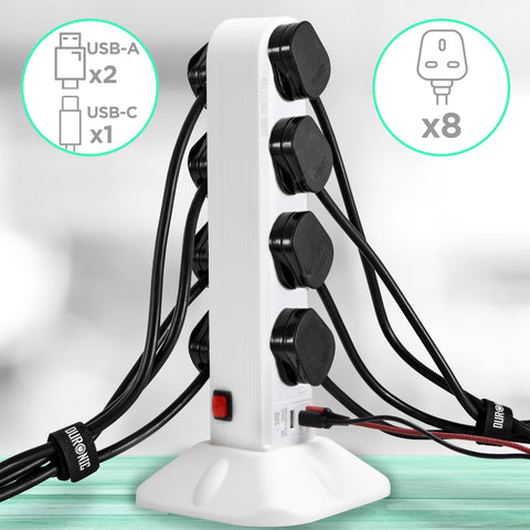 Duronic Tower Extension Lead with eight UK plugs and three USB ports