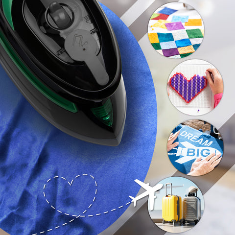 Duronic Travel Black Iron smoothing out blue fabric, surrounded by circular icons showcasing its versatility for quilting, melty bead crafts, iron-on transfers, and travel.