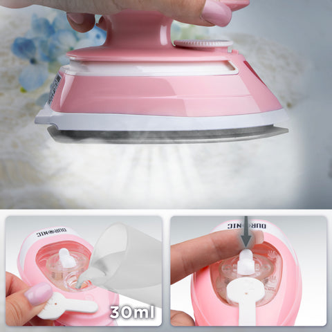 Duronic Travel Iron being used to steam fabric and a two-step guide on how to fill its 30ml water tank