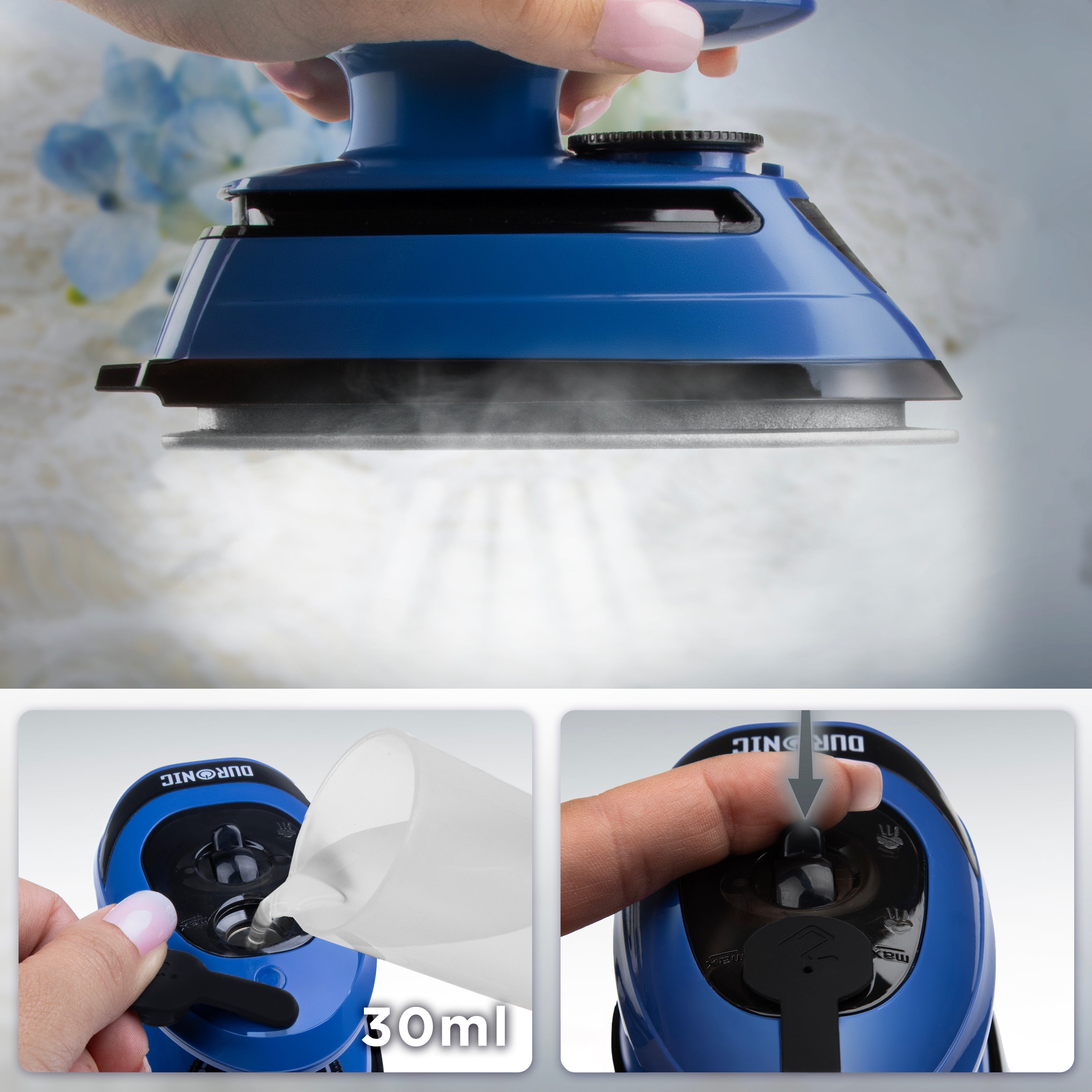 Duronic Travel Iron being used to steam fabric and a two-step guide on how to fill its 30ml water tank and activate the steam function.