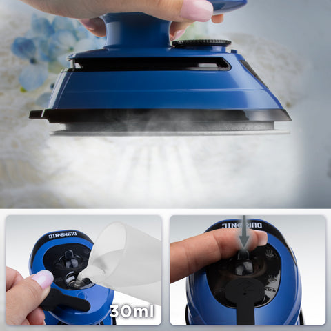 Duronic Travel Iron being used to steam fabric and a two-step guide on how to fill its 30ml water tank and activate the steam function.