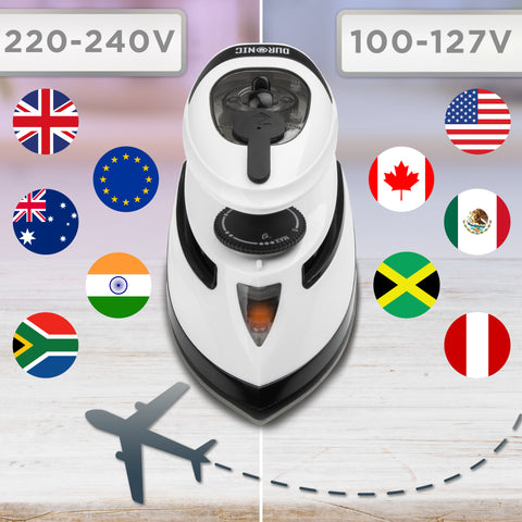 Duronic Travel Iron featuring a graphic that highlights its compatibility with both 220-240V and 100-127V outlets across various international regions.