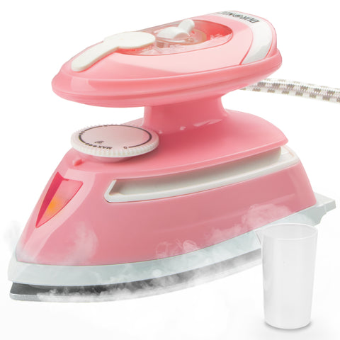 Duronic Travel Iron featuring a white temperature dial, ergonomic handle, and an included water measuring cup