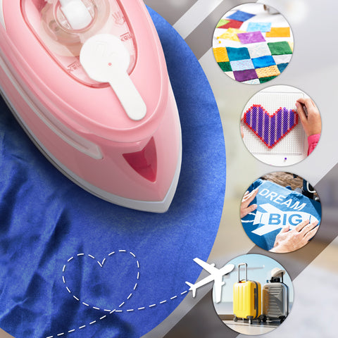 Duronic Travel Iron light smoothing out blue fabric, surrounded by circular icons showcasing its versatility for quilting, melty bead crafts, iron-on transfers, and travel.