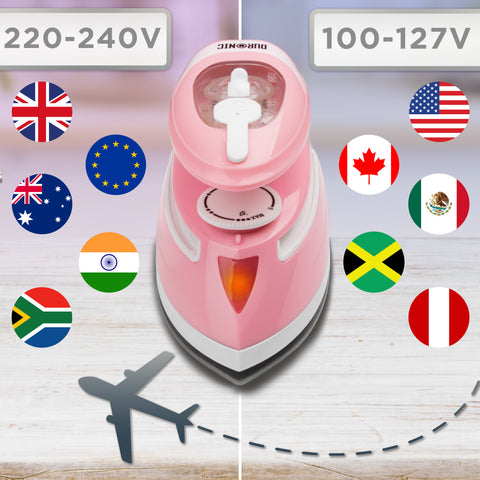 Duronic Travel Iron light weight surrounded by circular icons showcasing its versatility for quilting, melty bead crafts, iron-on transfers, and travel.