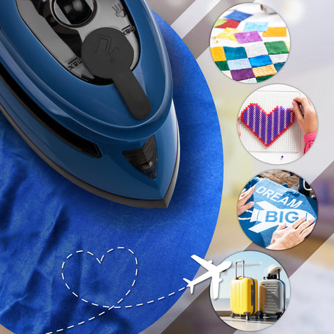Duronic Travel Iron surrounded by circular icons showcasing its versatility for quilting