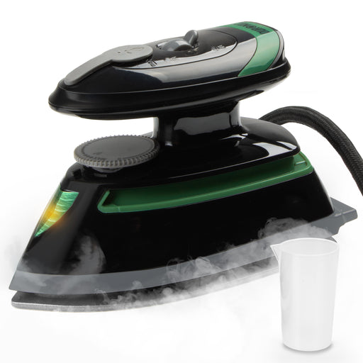 Duronic Travel Iron white temperature dial, ergonomic handle, and an included water measuring cup