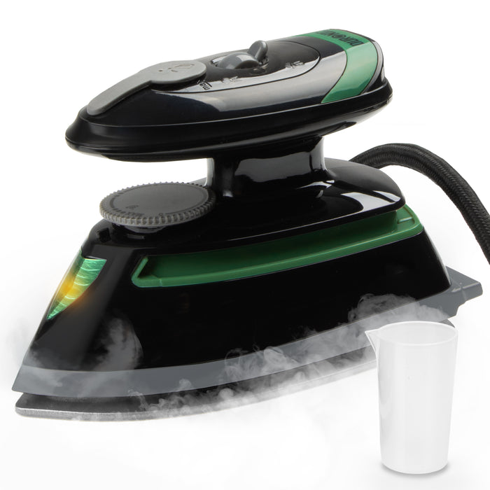 Duronic Travel Iron white temperature dial, ergonomic handle, and an included water measuring cup