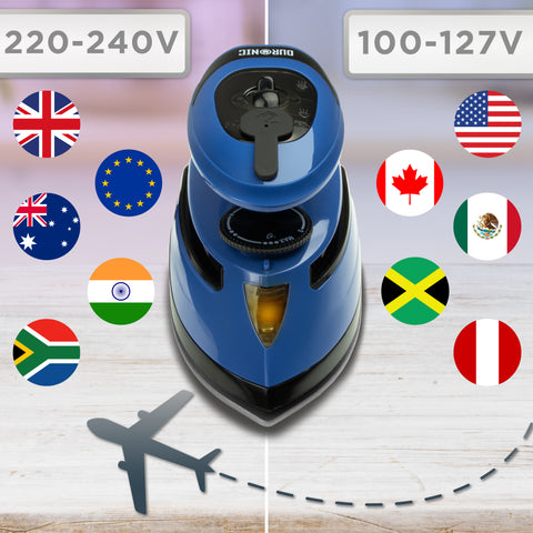 Duronic Travel Iron with both 220-240V and 100-127V outlets across various international regions.