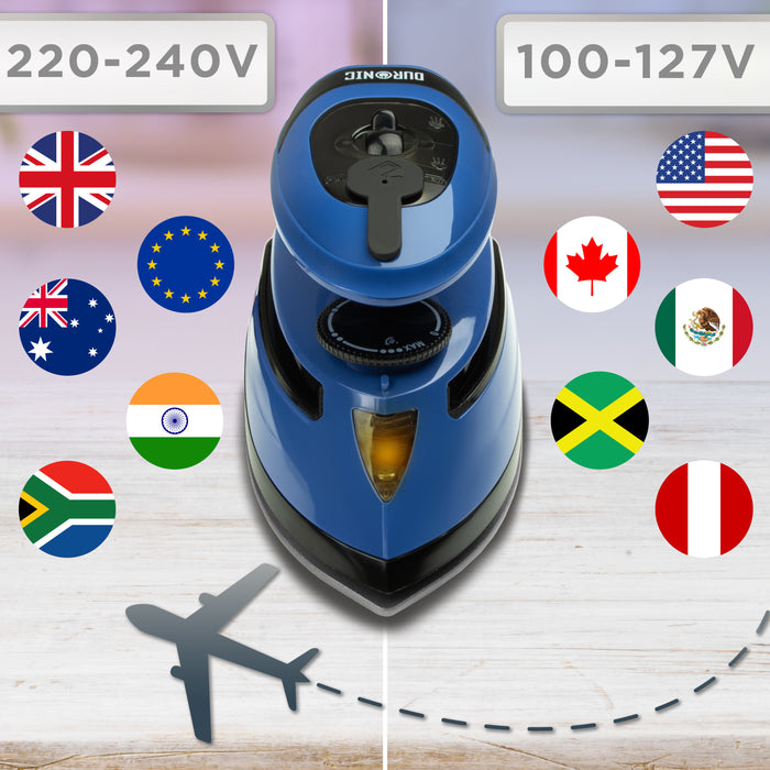 Duronic Travel Iron with both 220-240V and 100-127V outlets across various international regions.