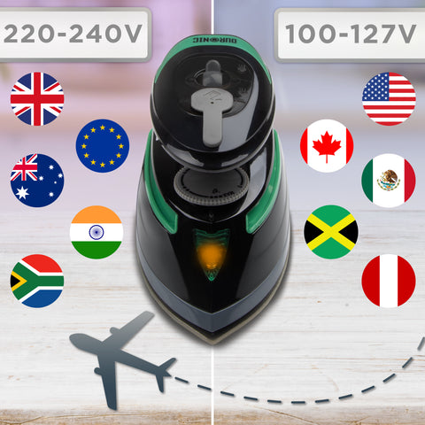 Duronic Travel Iron with both 220-240V and 100-127V outlets across various international regions.