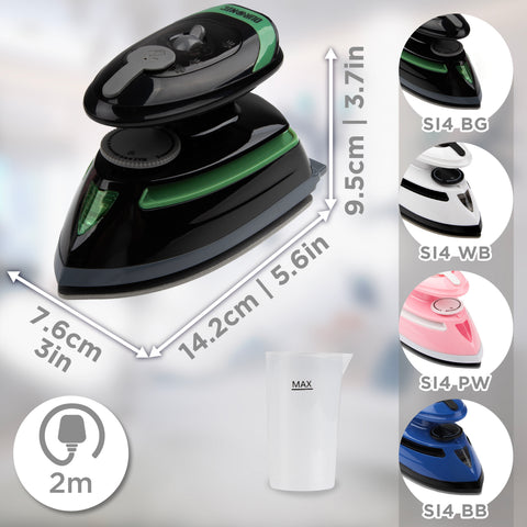 Duronic Travel Iron with dimension. cord dimension, measuring cup and available colours