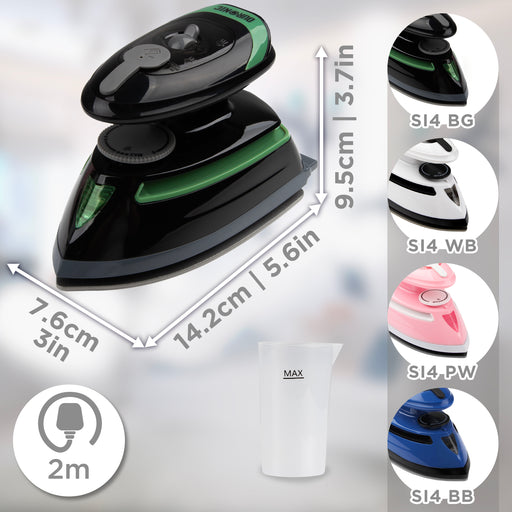 Duronic Travel Iron with dimension. cord dimension, measuring cup and available colours
