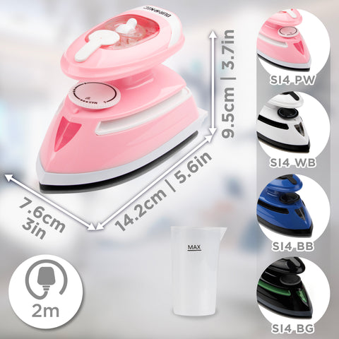 Duronic Travel Iron with dimension and 4 available color