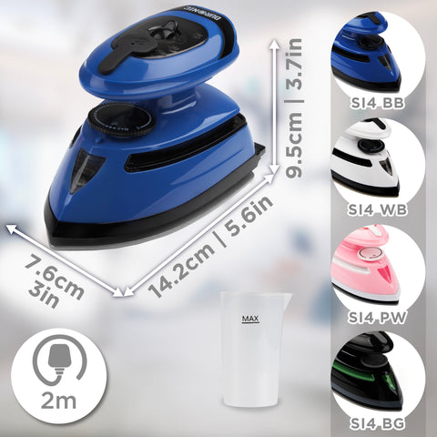 Duronic Travel Iron with its dimensions (14.2cm x 7.6cm x 9.5cm), a 2m power cord, a water measuring cup, and four available color variations.