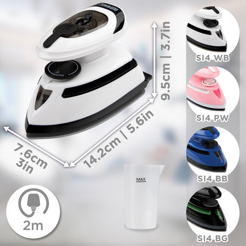 Duronic Travel Iron with product dimension and different colors
