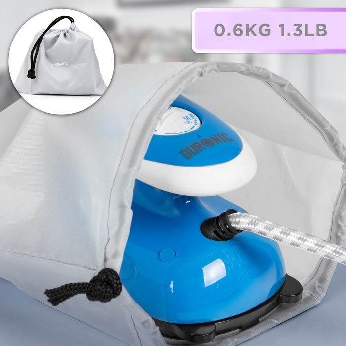 Duronic Travel Iron with product weight and bag