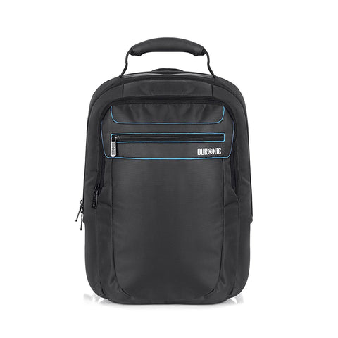 Duronic Travel Laptop Backpack featuring blue accents, a front zipper pocket, and a top padded handle.