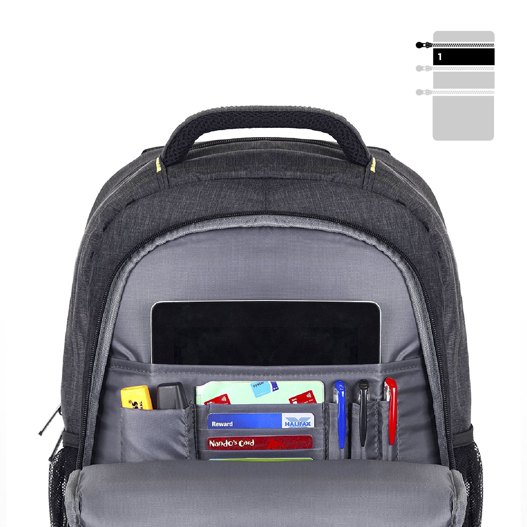 Duronic Travel Laptop Backpack showing a tablet, multiple cards, pens, and small daily essentials.