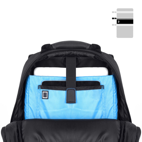 Duronic Travel Laptop Backpack showing bright blue interior with dedicated laptop and tablet storage sleeves.
