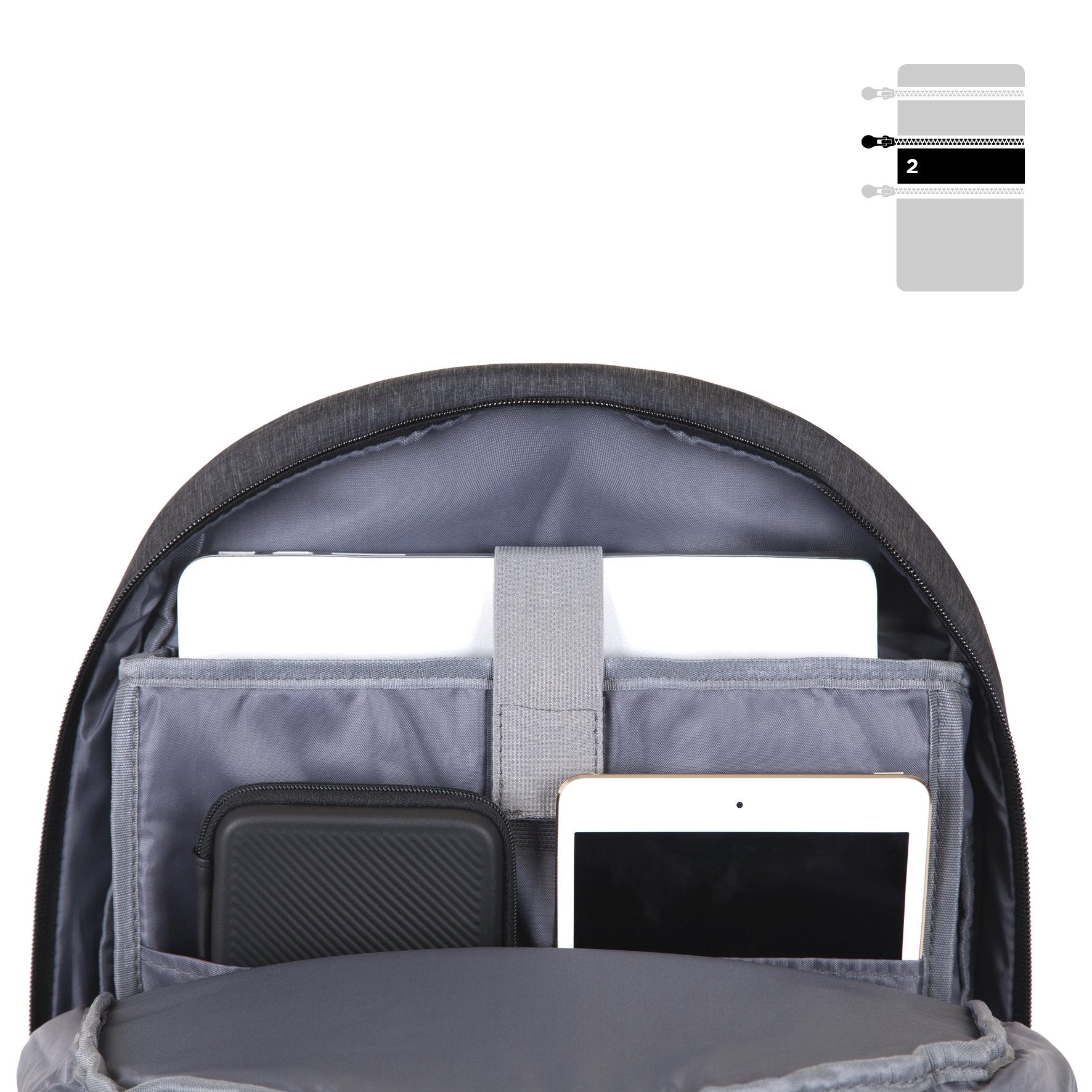Duronic Travel Laptop Backpack showing organized interior compartments containing a laptop, tablet, and protective accessory case.
