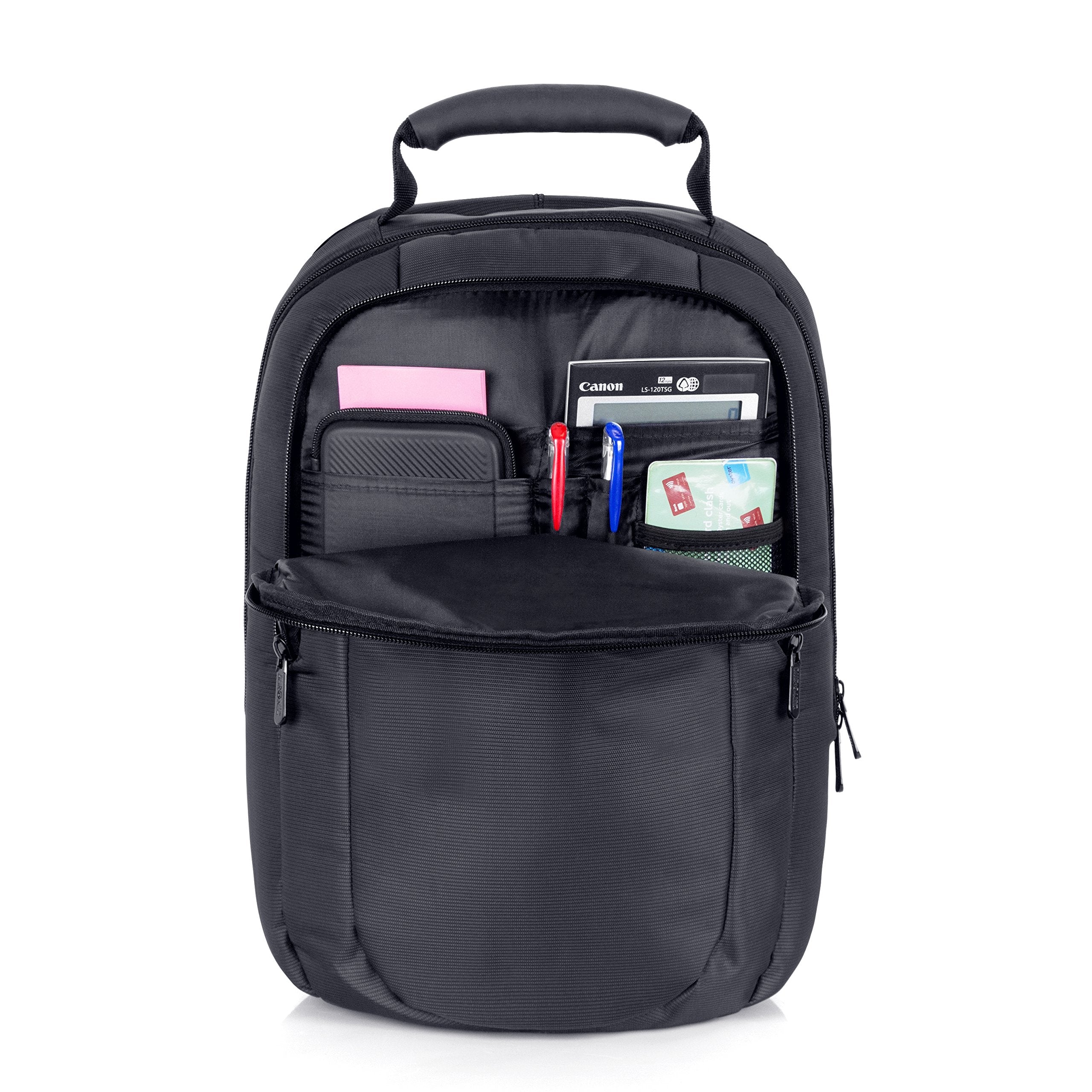 Duronic Travel Laptop Backpack showing organized slots for pens, calculator, and small accessories.