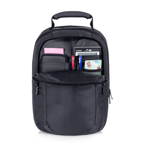 Duronic Travel Laptop Backpack showing organized slots for pens, calculator, and small accessories.
