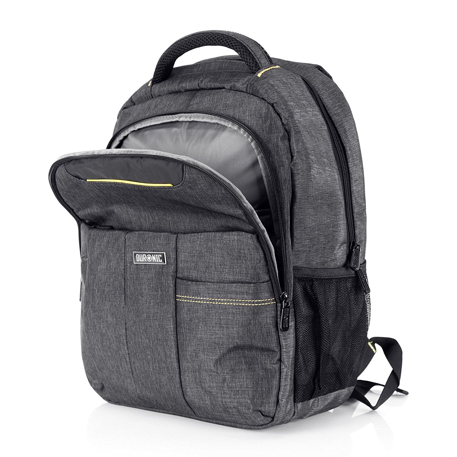 Duronic Travel Laptop Backpack with an open front compartment, yellow accents, and side mesh pocket.